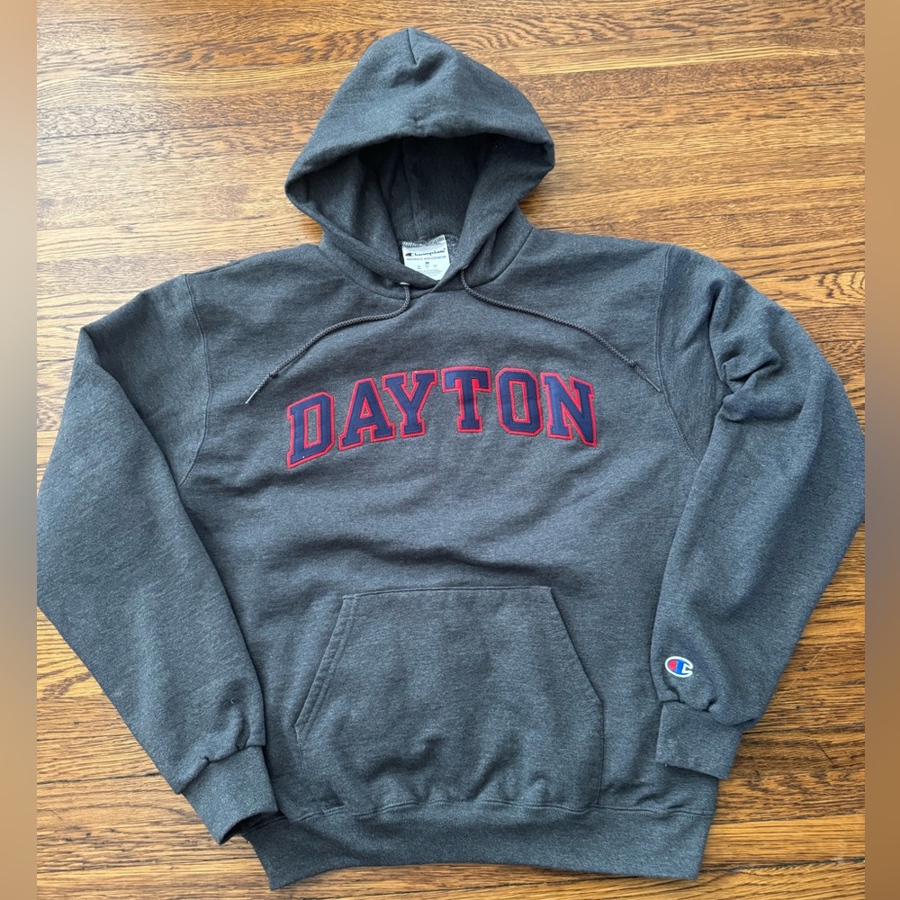 #384 DAYTON FLYERS Champion Gray Hoodie with Red Accents EMBROIDERED PATCHWORK